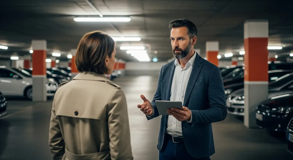Rzeczoznawca w marynarce, trzymający tablet, rozmawia z kobietą w beżowym trenczu na dobrze oświetlonym parkingu z zaparkowanymi samochodami. Mężczyzna gestykuluje jedną ręką, zdając się coś wyjaśniać. Obie osoby są skupione na rozmowie.