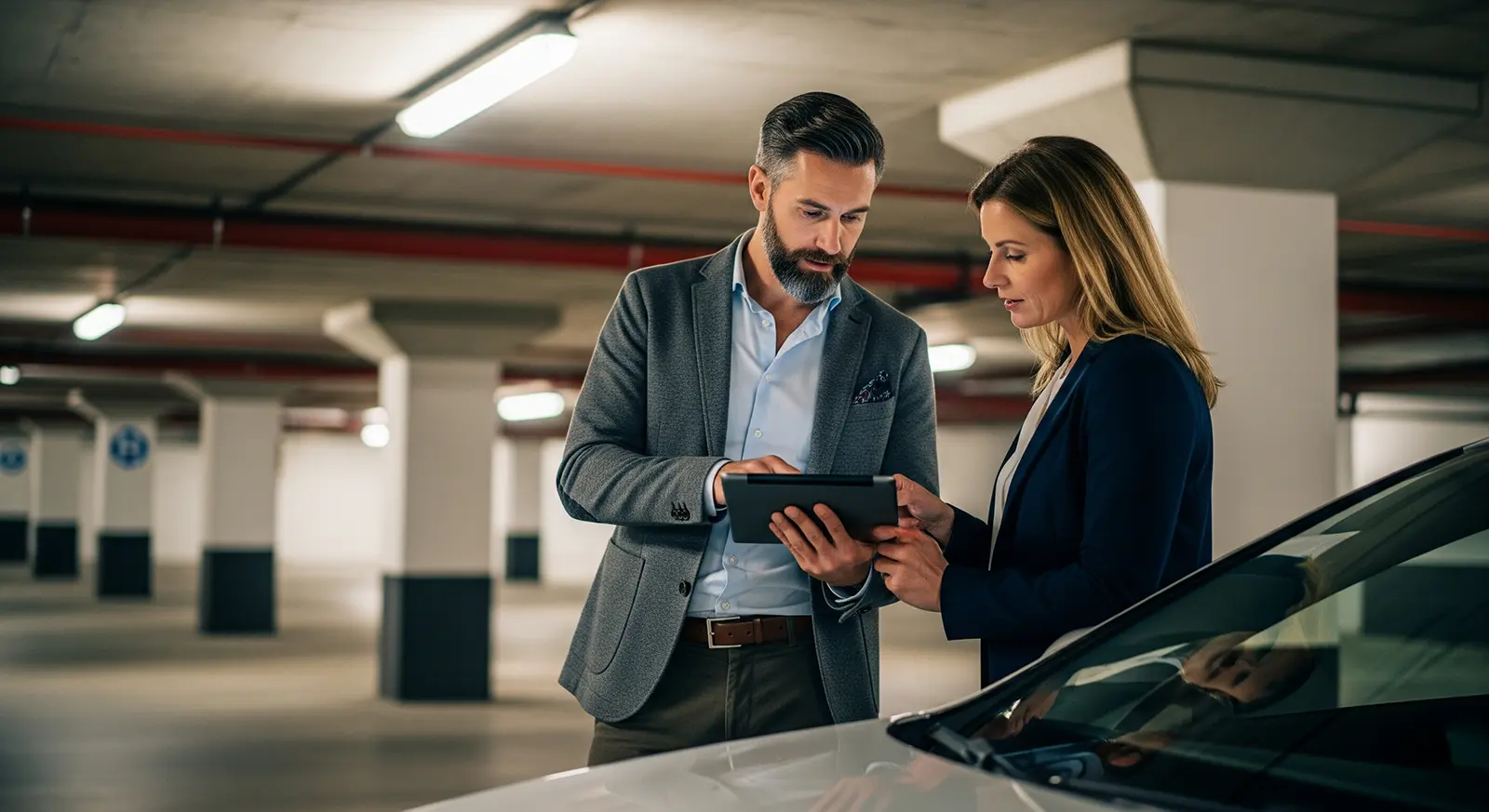 Rzeczoznawca w szarej marynarce i kobieta w ciemnej marynarce stoją na parkingu i patrzą na tablet. Maska samochodu jest widoczna na pierwszym planie. Sceneria jest dobrze oświetlona światłami górnymi i betonowymi kolumnami w tle.