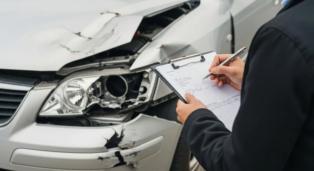 Osoba z notatnikiem i długopisem prowadzi oględziny, wypełniając formularz przed srebrnym samochodem z uszkodzeniami przodu. Scena sugeruje dokumentację wypadku samochodowego lub ekspertyzę rzeczoznawcy Rzeszów.
