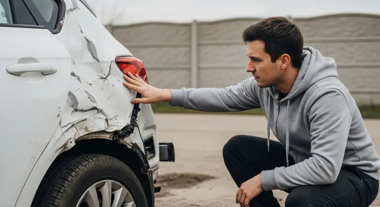 Mężczyzna w szarej bluzie z kapturem przykuca i przeprowadza oględziny tylnej lewej strony białego samochodu, badając wgniecenia i zadrapania w pobliżu tylnego światła. Wygląda na zaniepokojonego, delikatnie dotykając uszkodzonego obszaru, prawdopodobnie czekając na ekspertyzę rzeczoznawcy Rzeszów.