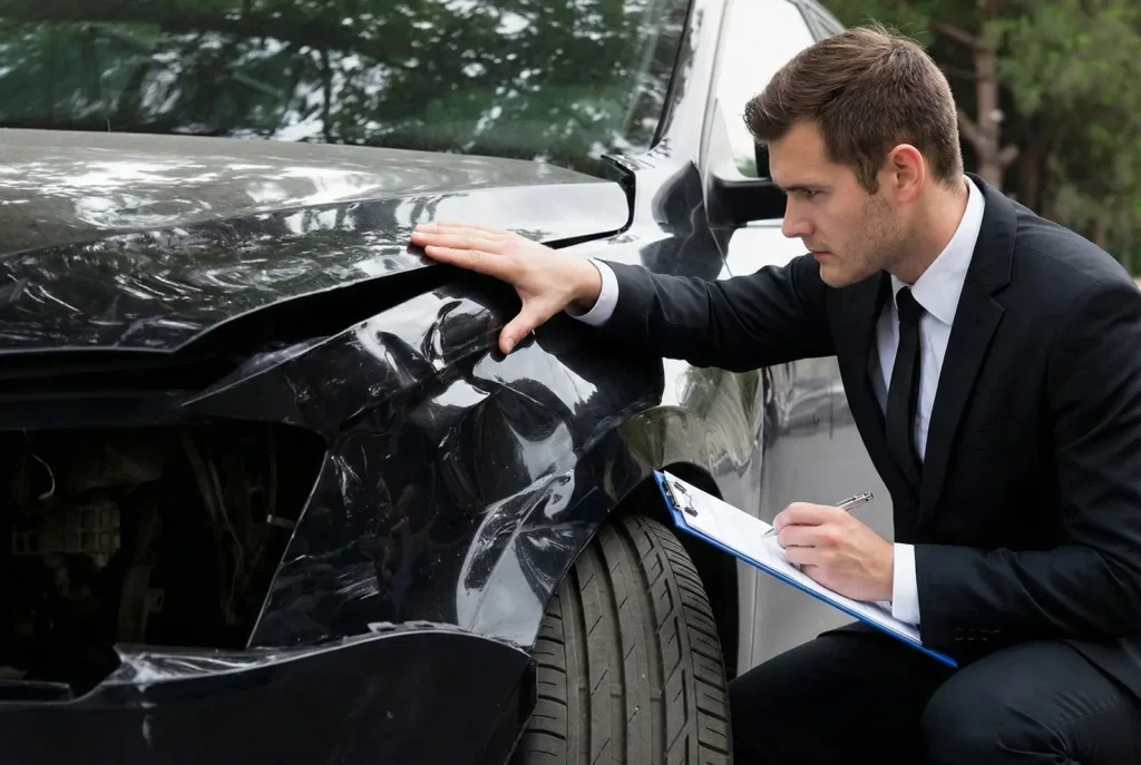 Mężczyzna w czarnym garniturze klęczy obok czarnego samochodu z uszkodzonym przednim błotnikiem i maską. Uważnie przygląda się uszkodzeniom, trzymając jedną rękę na samochodzie i trzymając schowek i długopis, prawdopodobnie dokumentując stan samochodu po wypadku. W tle widoczne są drzewa.