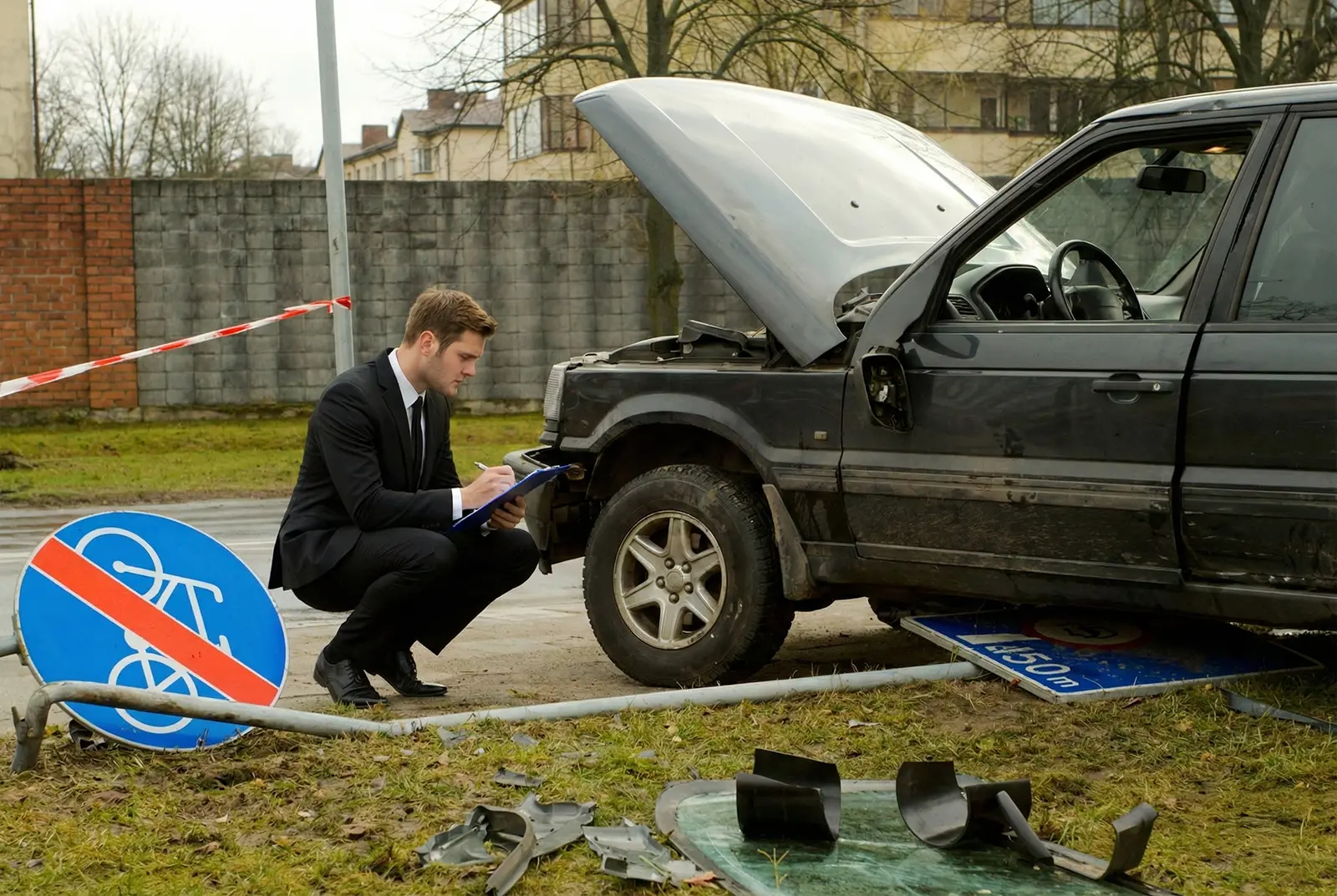 Mężczyzna w garniturze przykuca obok uszkodzonego czarnego SUV-a z otwartą maską, pisząc na tablicy ogłoszeń. Nieopodal, na trawie widoczne są zniszczone znaki drogowe, w tym znak "zakaz wjazdu rowerów", oraz porozrzucane szczątki samochodów, co sugeruje niedawny wypadek.