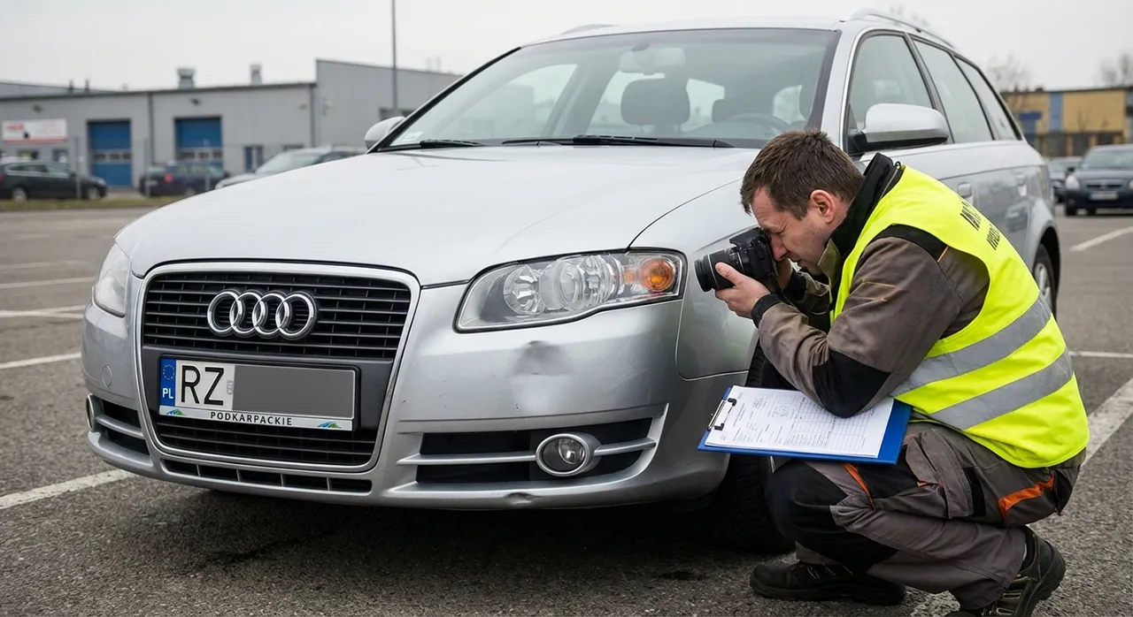 Mężczyzna w kamizelce odblaskowej klęczy obok srebrnego Audi, dokładnie fotografując uszkodzenia na przednim lewym błotniku samochodu. Są to oględziny i dokumentacja uszkodzeń do wyceny odszkodaowania