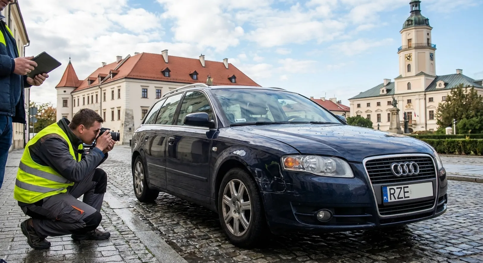 Mężczyzna w żółtej kamizelce ochronnej, prawdopodobnie najlepszy rzeczoznawca w Rzeszowie, przykuca, aby sfotografować ciemnoniebieskie Audi na brukowanej ulicy.