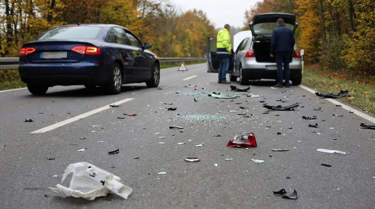 Elementy aut i rozbite szkło pokrywają drogę po wypadku samochodowym. Dwa samochody są zatrzymane; jeden jest ciemnoniebieski, drugi srebrny z otwartym bagażnikiem. Dwie osoby stoją w pobliżu srebrnego samochodu. Drzewa z jesiennymi liśćmi wzdłuż drogi w tle.