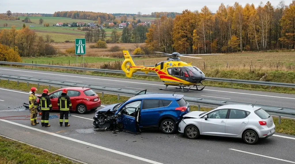 Trzy samochody uczestniczące w wypadku zatrzymują się na autostradzie; przód niebieskiego samochodu jest poważnie uszkodzony. W pobliżu stoi czterech strażaków. Na drodze ląduje żółty helikopter ratunkowy. W tle pola i drzewa z jesiennymi liśćmi.