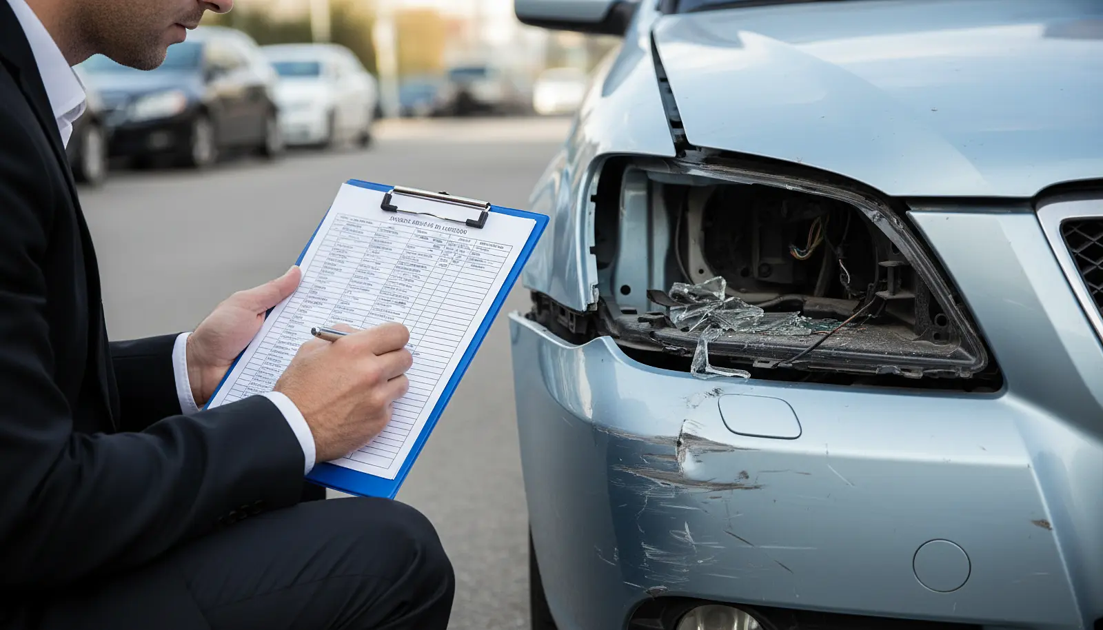Osoba w garniturze pisze na desce rozdzielczej podczas oględzin uszkodzeń przedniej prawej strony srebrnego samochodu, który ma rozbity reflektor i wgnieciony zderzak. W tle na ulicy zaparkowane są inne samochody.