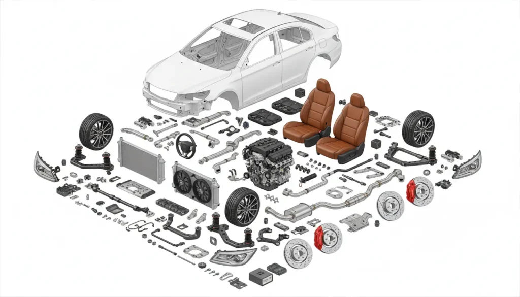Rozłożony widok samochodu z rozłożonymi i uporządkowanymi częściami, w tym biała karoseria, brązowe przednie siedzenia, silnik, koła, kierownica, deska rozdzielcza, chłodnica, hamulce oraz różne elementy mechaniczne i elektroniczne na białym tle.
