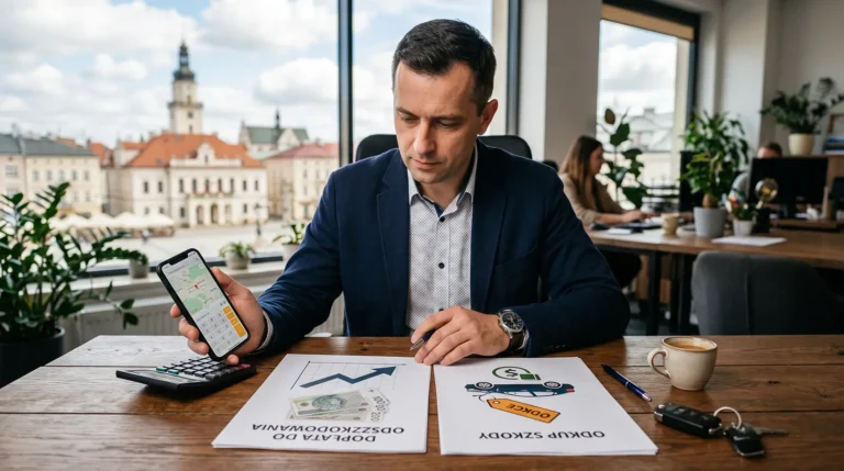 Ekspert w biurze w Krośnie analizuje dwie możliwości dla kierowcy z Podkarpacia: dopłatę do odszkodowania oraz odkup szkody. Na biurku leżą dokumenty z grafikami symbolizującymi zysk, polskie banknoty oraz kalkulator. Widok za oknem na zabytkowe centrum miasta podkreśla lokalny charakter doradztwa w zakresie odzyskiwania pieniędzy z OC sprawcy.