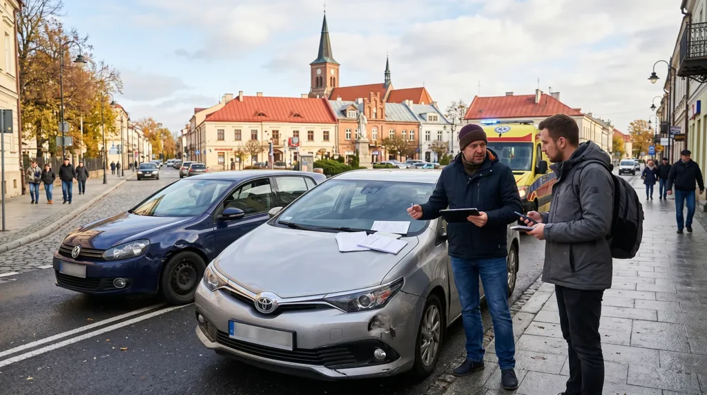 Sytuacja po kolizji drogowej w centrum Krosna. Dwóch mężczyzn dokumentuje uszkodzenia srebrnej Toyoty, przygotowując dokumenty o odszkodowanie komunikacyjne na masce auta. W tle widoczna charakterystyczna architektura krośnieńskiej starówki oraz ambulans, co podkreśla profesjonalną pomoc w odzyskiwaniu pełnej kwoty z OC sprawcy.
