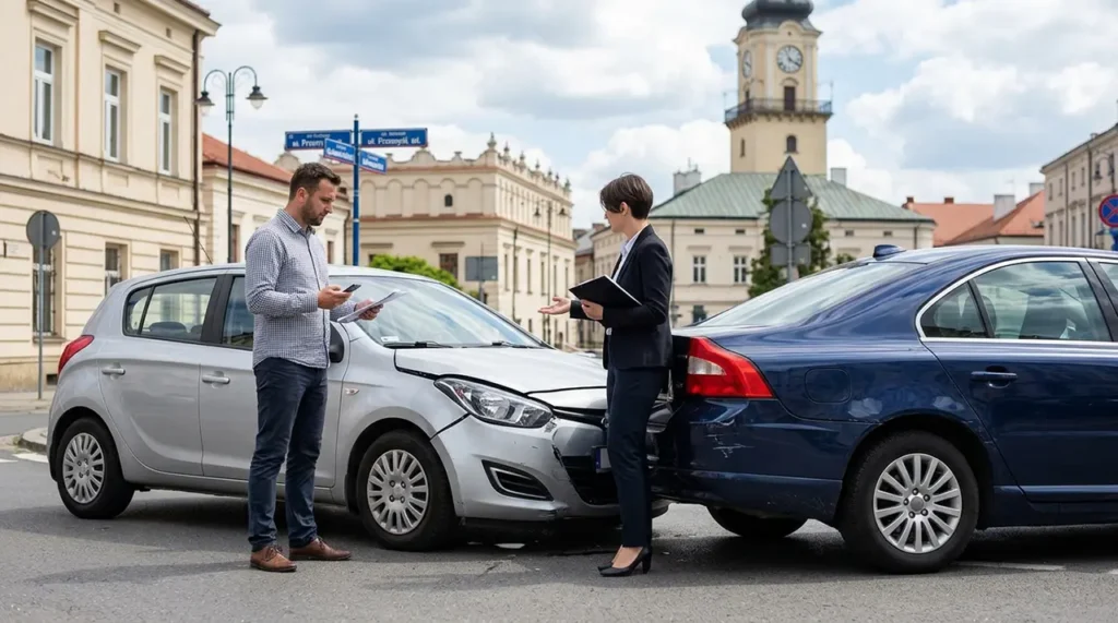 Dwie osoby stoją obok swoich samochodów po zderzeniu tylnym na skrzyżowaniu. Przód białego samochodu jest uszkodzony i przyciśnięty do tyłu ciemnoniebieskiego samochodu. Obie osoby rozmawiają o odszkodowaniach komunikacyjnych, a w tle widać zabytkowe budynki Przemyśla.