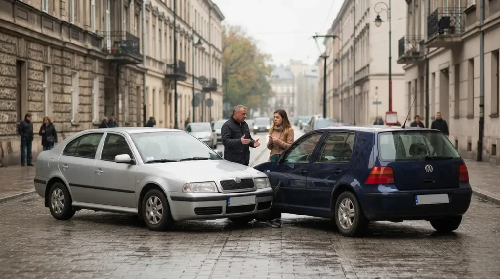 Dwa samochody - srebrny sedan i niebieski hatchback - zderzyły się na mokrej ulicy w Sanoku. Między samochodami stoi mężczyzna i kobieta, rozmawiając i wskazując na uszkodzenia. Ulica otoczona jest starymi budynkami; w tle przechodzą piesi.